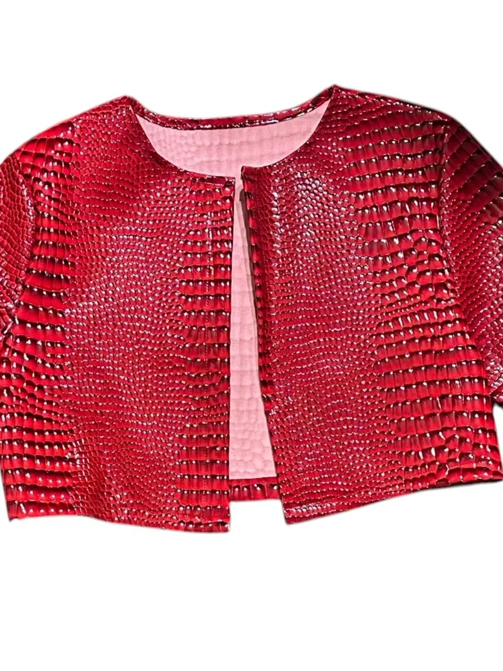 Textured Red Cropped Open Front Jacket